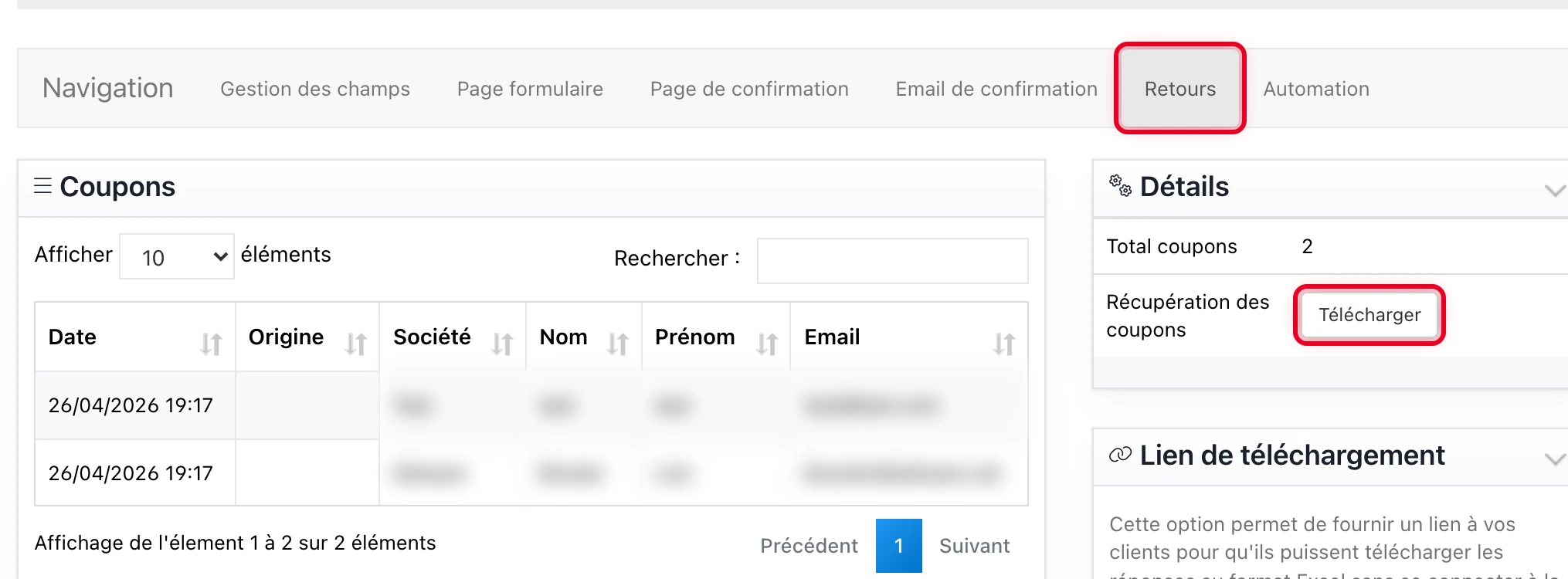 Onglet « Retours » : liste des coupons et bouton « Télécharger »