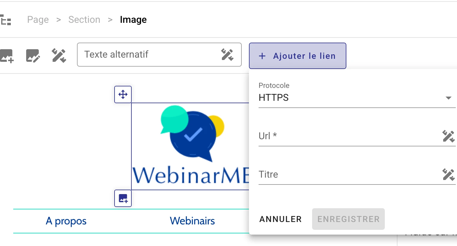 Coller l'URL du formulaire dans le champ « Url » après avoir sélectionné l'image et cliqué sur « Ajouter le lien »