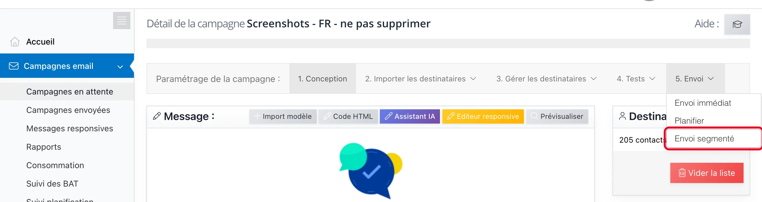 Menu « Envoi » > « Envoi segmenté » pour échelonner l'envoi