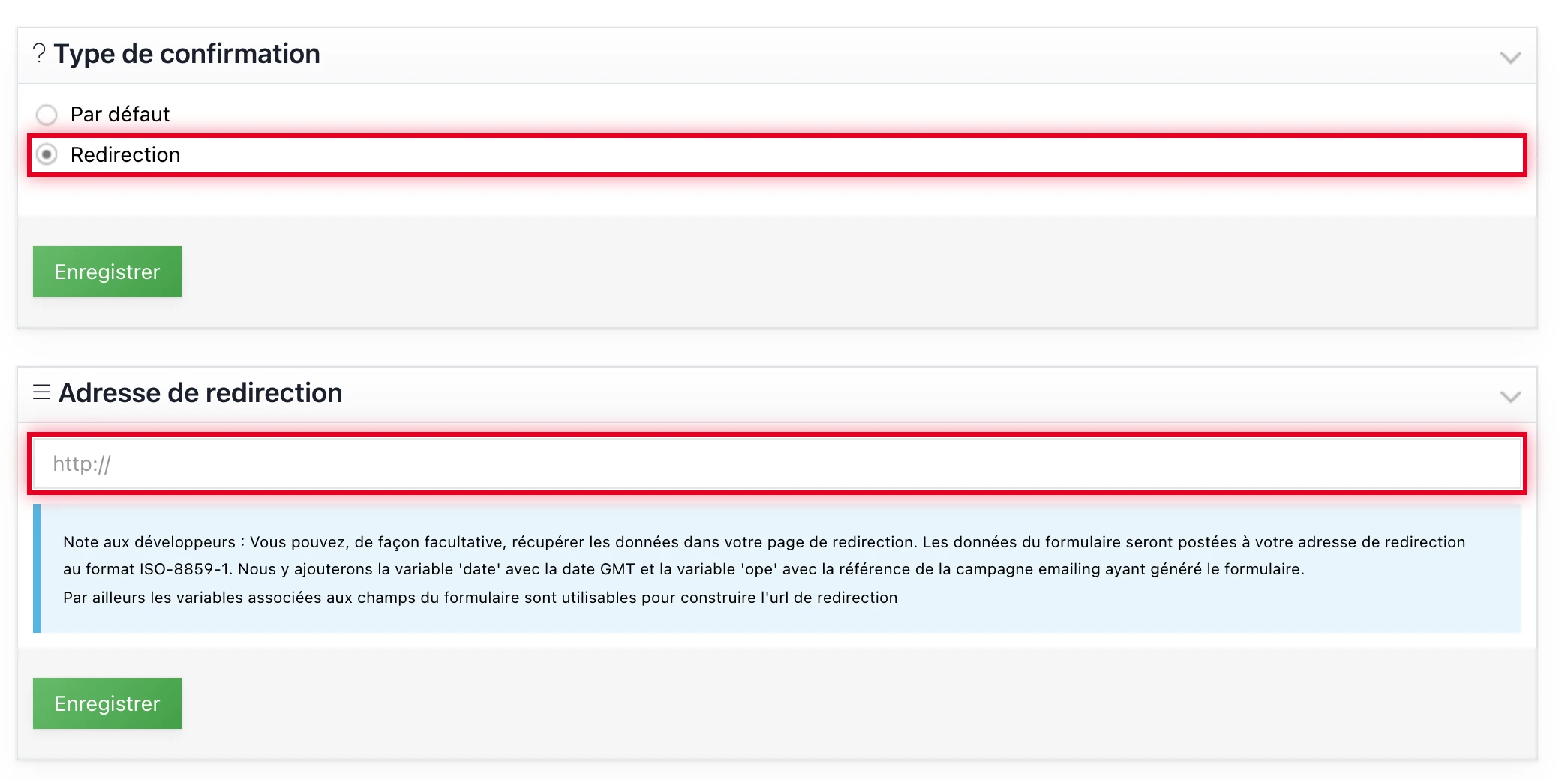 Onglet « Page de confirmation » du formulaire : cocher « Redirection » puis saisir l'URL de la page de redirection