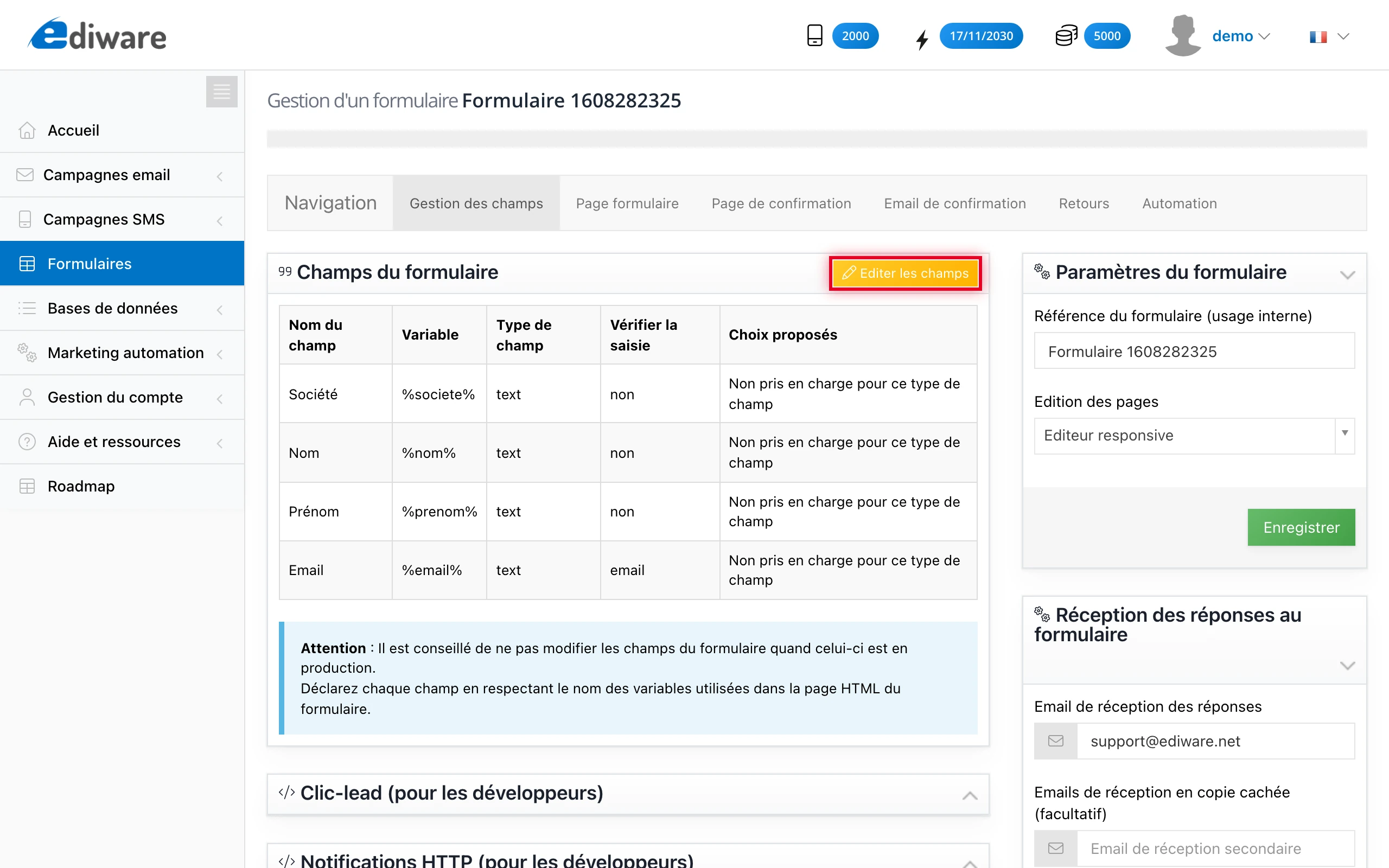 Bouton « Editer les champs » sur la page de gestion d'un formulaire