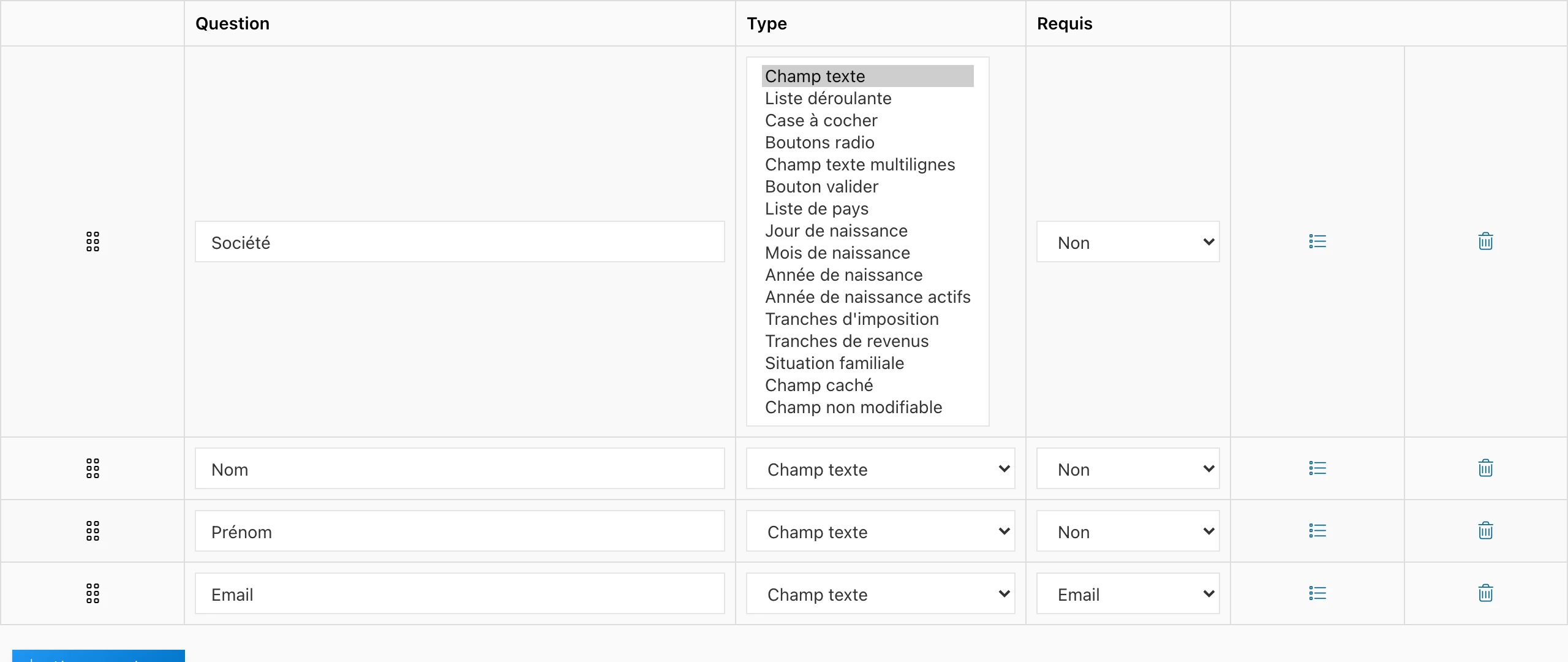 Liste des types de champs disponibles