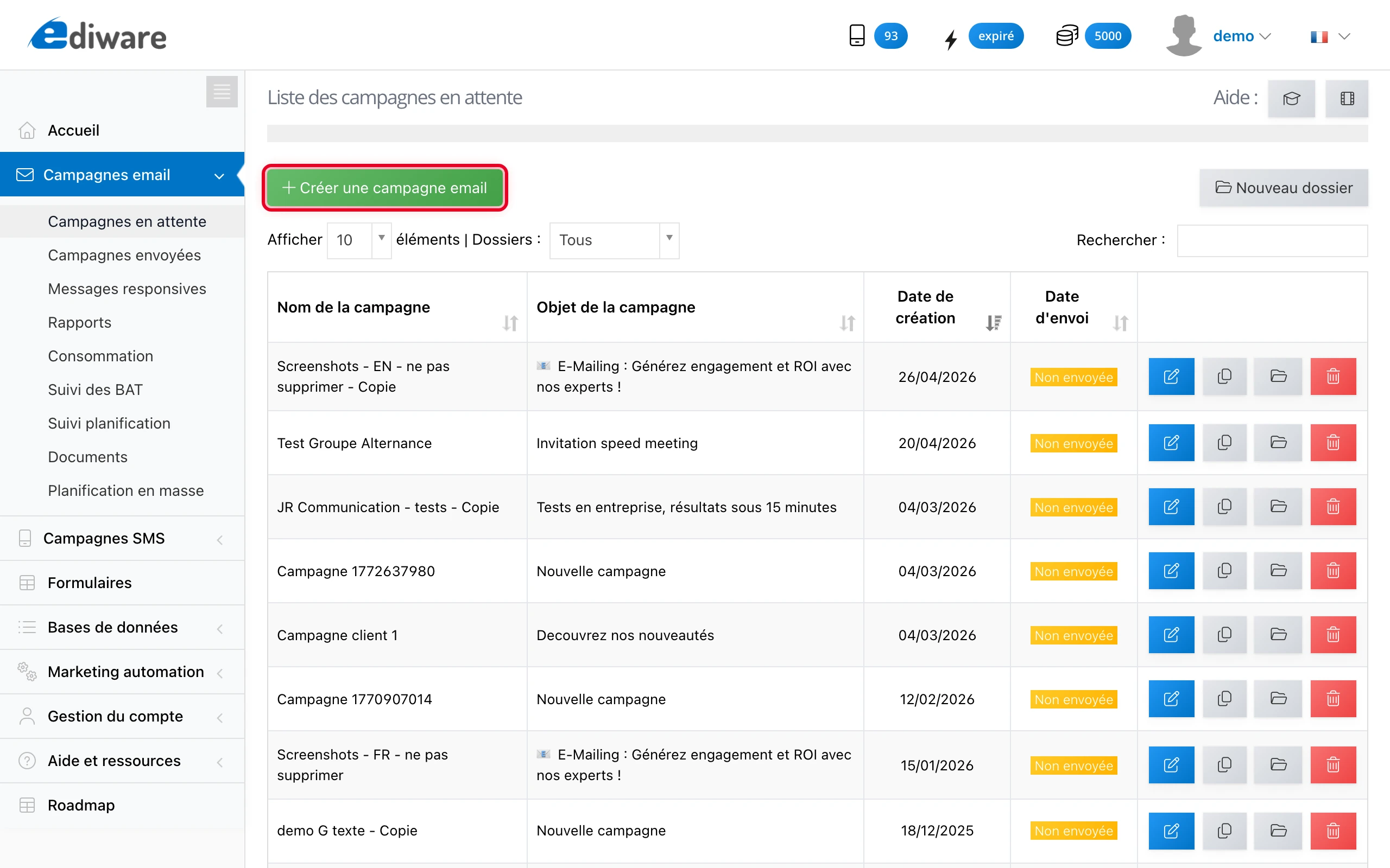 Le bouton « Créer une campagne email » dans la liste des campagnes