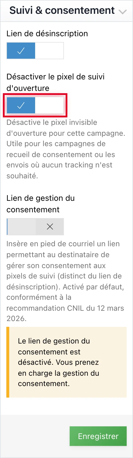 Option « Désactiver le pixel de suivi d'ouverture » (activée) dans la section « Suivi & consentement »