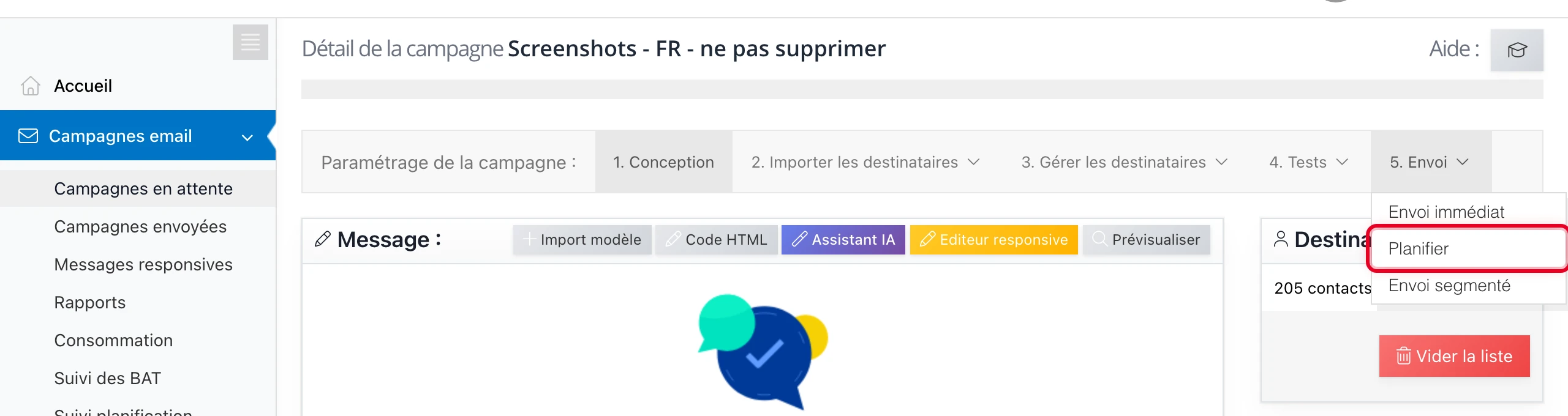 Menu « Envoi » > « Planifier » pour programmer l'envoi à une date donnée