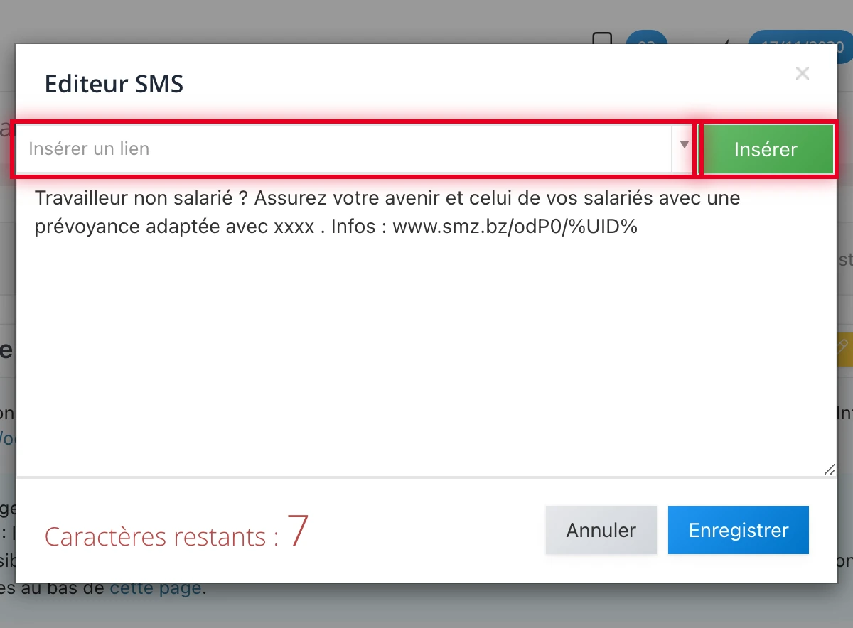 Modale « Editeur SMS » : sélectionner un lien dans la liste déroulante puis cliquer sur « Insérer »