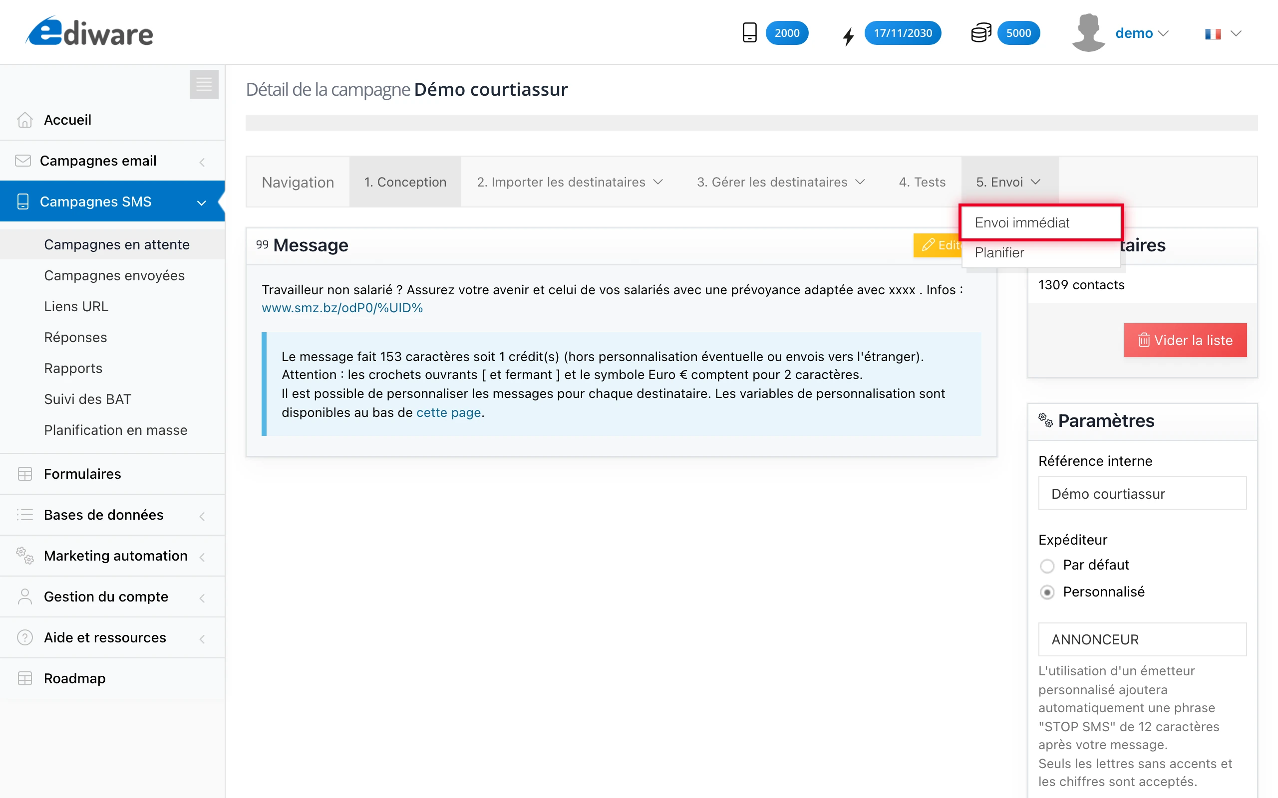Menu « 5. Envoi » déroulé sur l'option « Envoi immédiat »