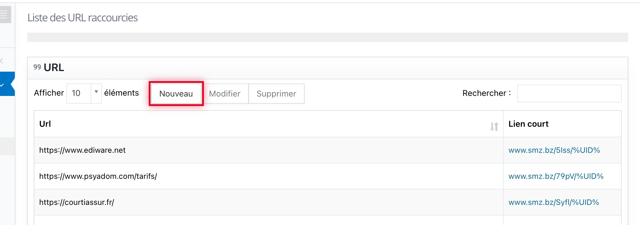 Page « Liste des URL raccourcies » : cliquer sur « Nouveau » pour créer un lien court