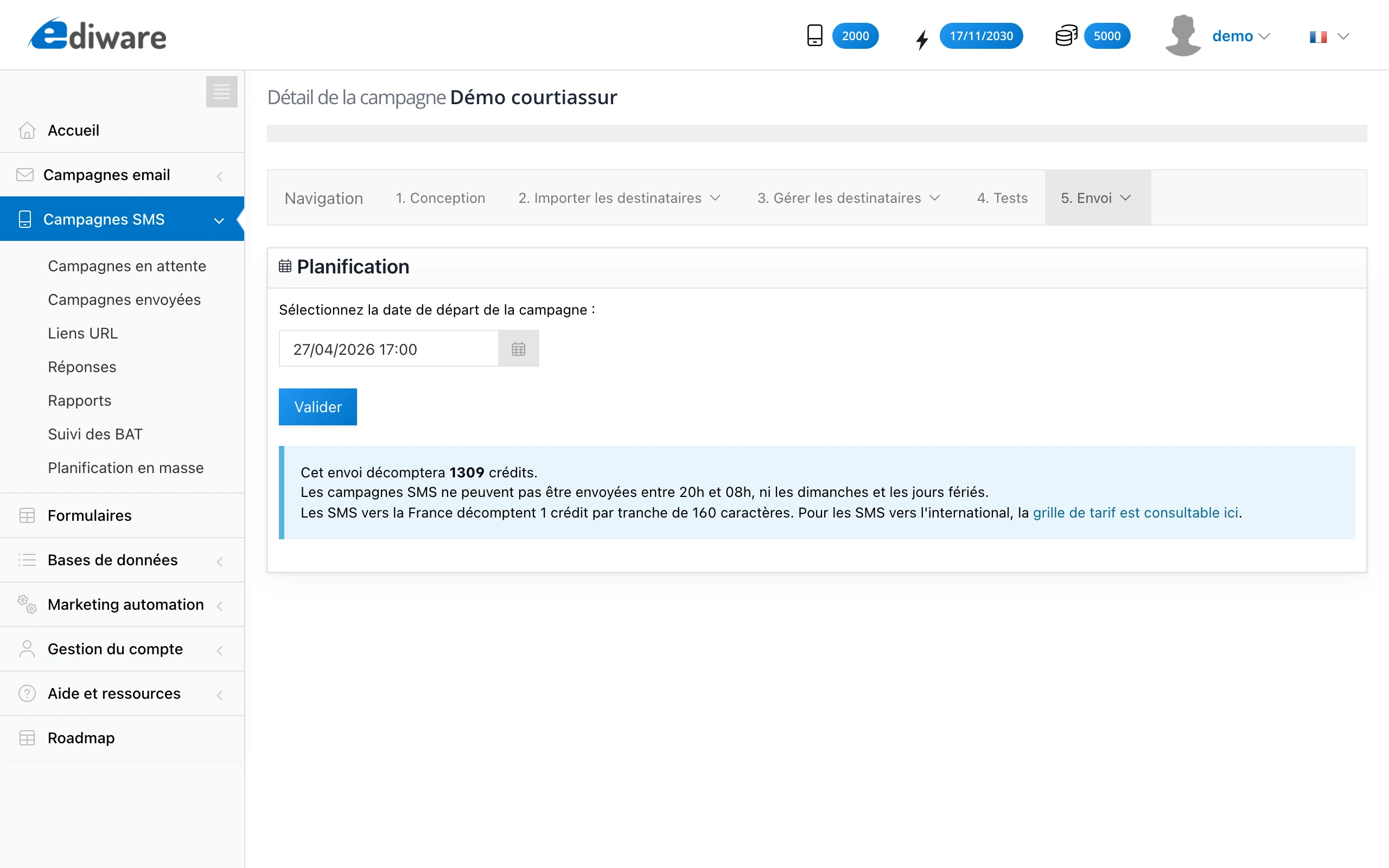 Page de planification d'une campagne SMS : sélection de la date et heure de départ