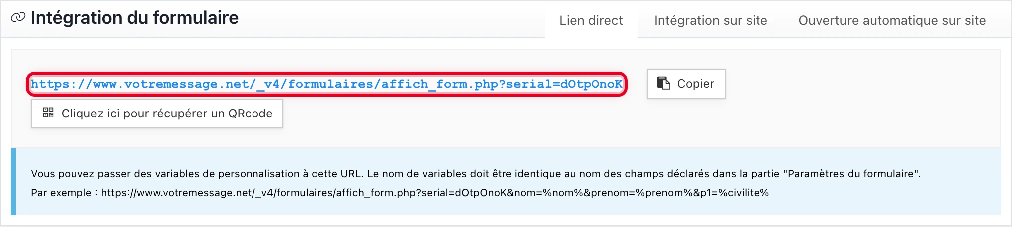 URL du formulaire à copier depuis l'onglet « Page formulaire »