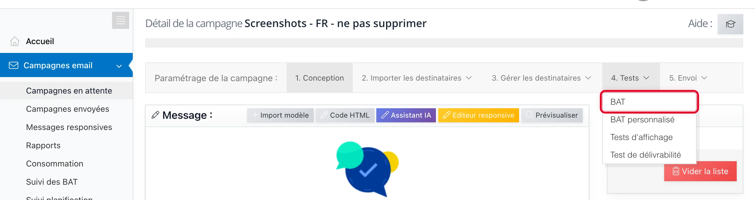 Menu « Tests » > « BAT » pour envoyer un test sans personnalisation