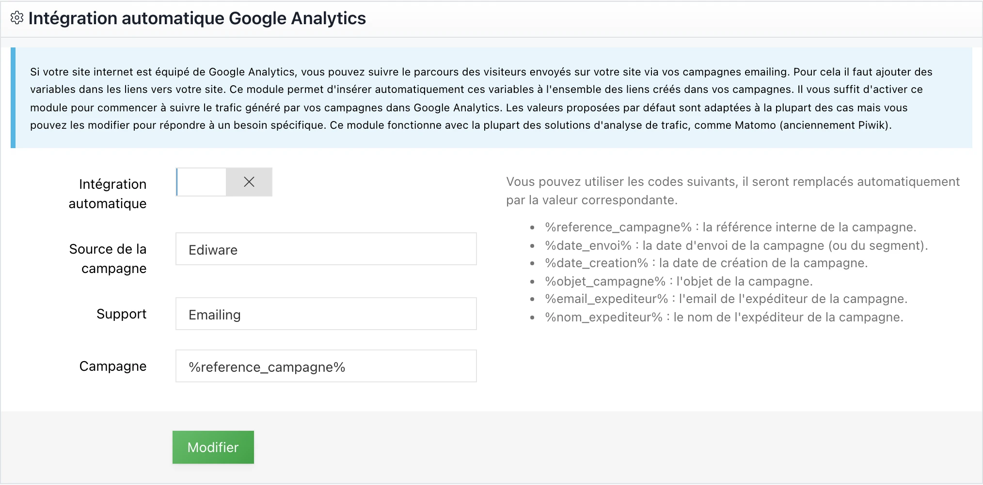 Onglet « Google analytics » dans la gestion du compte MDworks