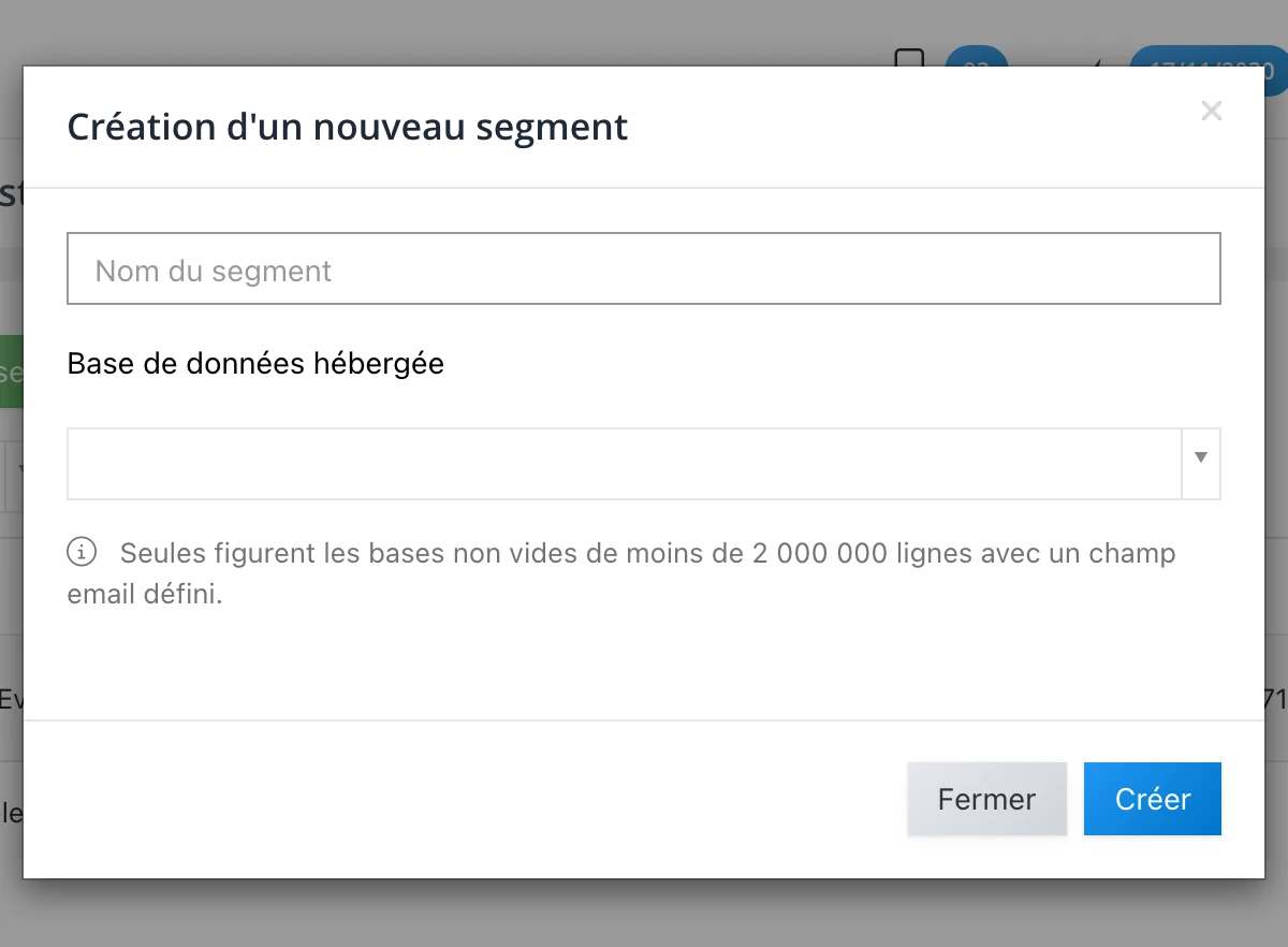Modale « Création d’un nouveau segment »