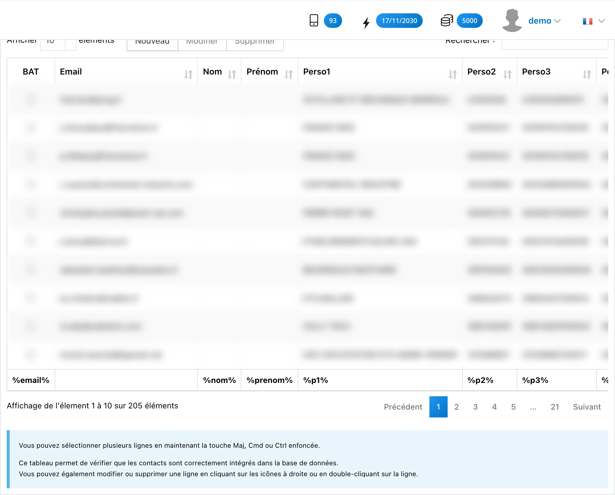 En-tête des colonnes du fichier des destinataires (Email, Nom, Prénom, Perso1...)