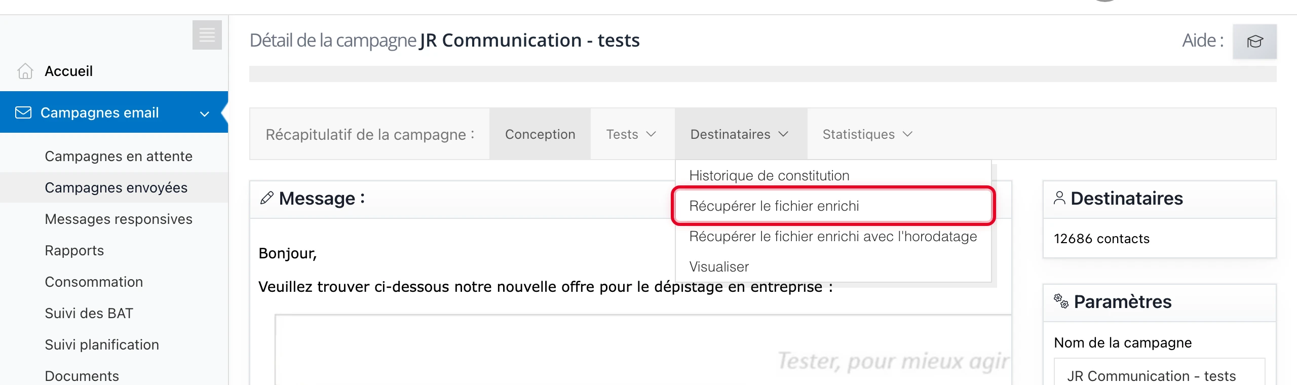 Menu « Destinataires » > « Récupérer le fichier enrichi »