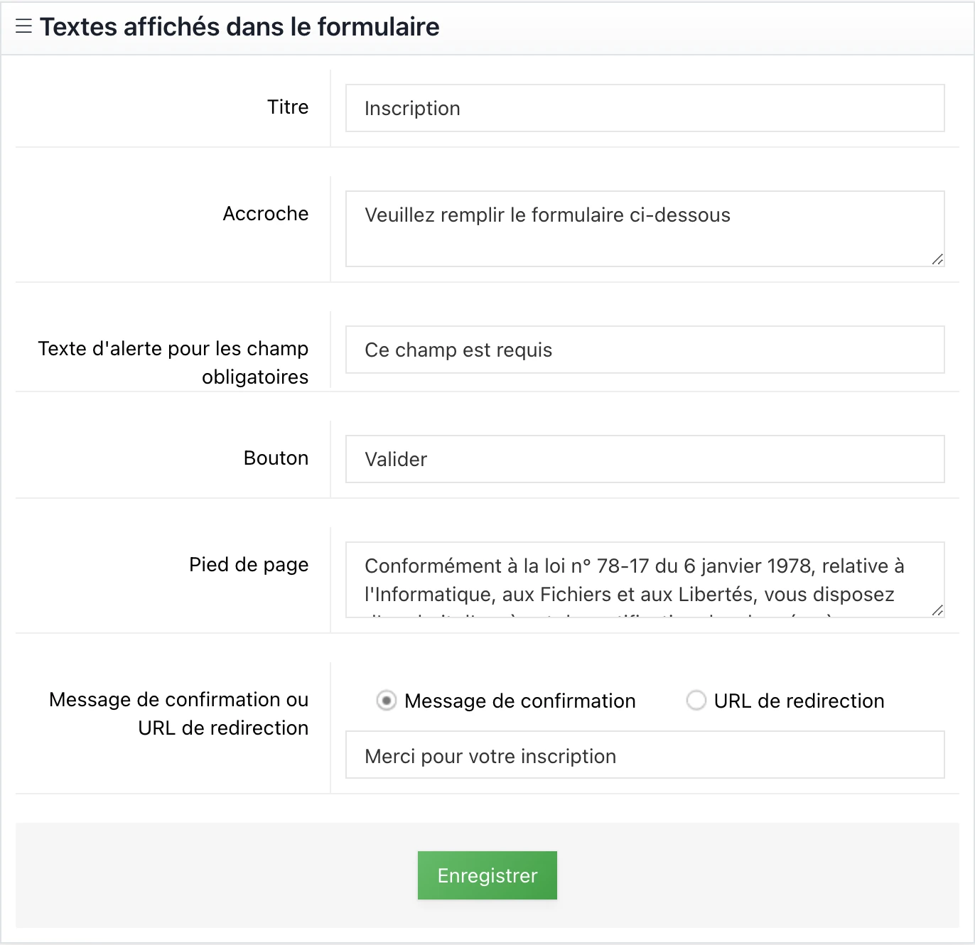 Les textes affichés dans le formulaire