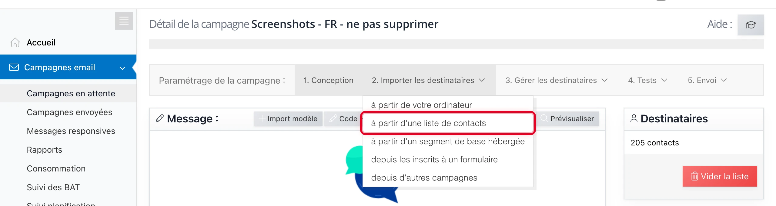 Choisir « à partir d'une liste de contacts » dans le menu d'import
