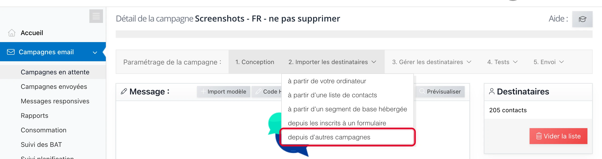 Choisir « depuis d'autres campagnes » dans le menu d'import