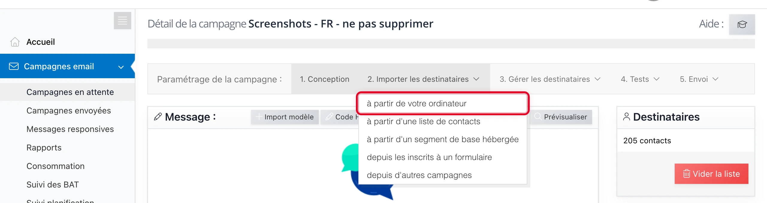 Ouvrir le menu « Importer les destinataires » et choisir « à partir de votre ordinateur »