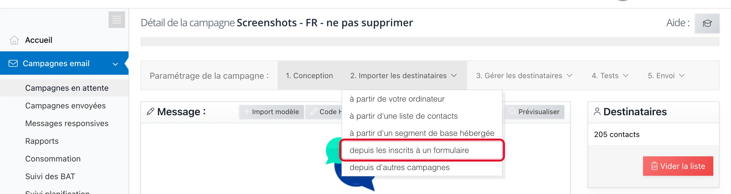 Choisir « depuis les inscrits à un formulaire » dans le menu d'import