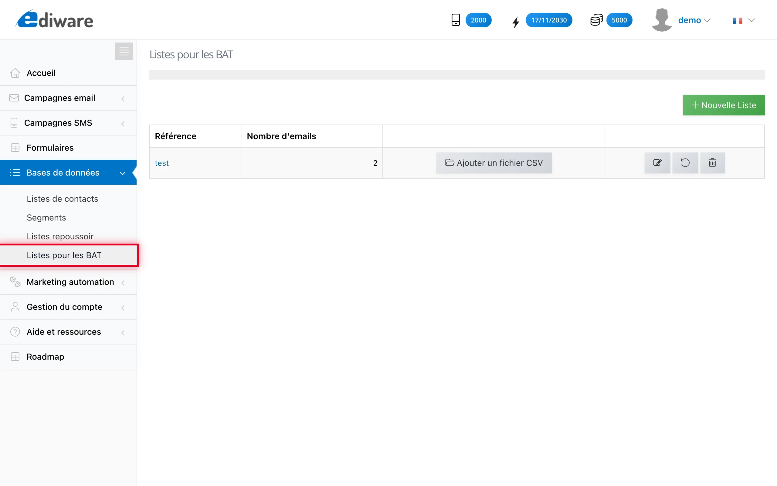Bases de données > Listes pour les BAT dans le menu de gauche