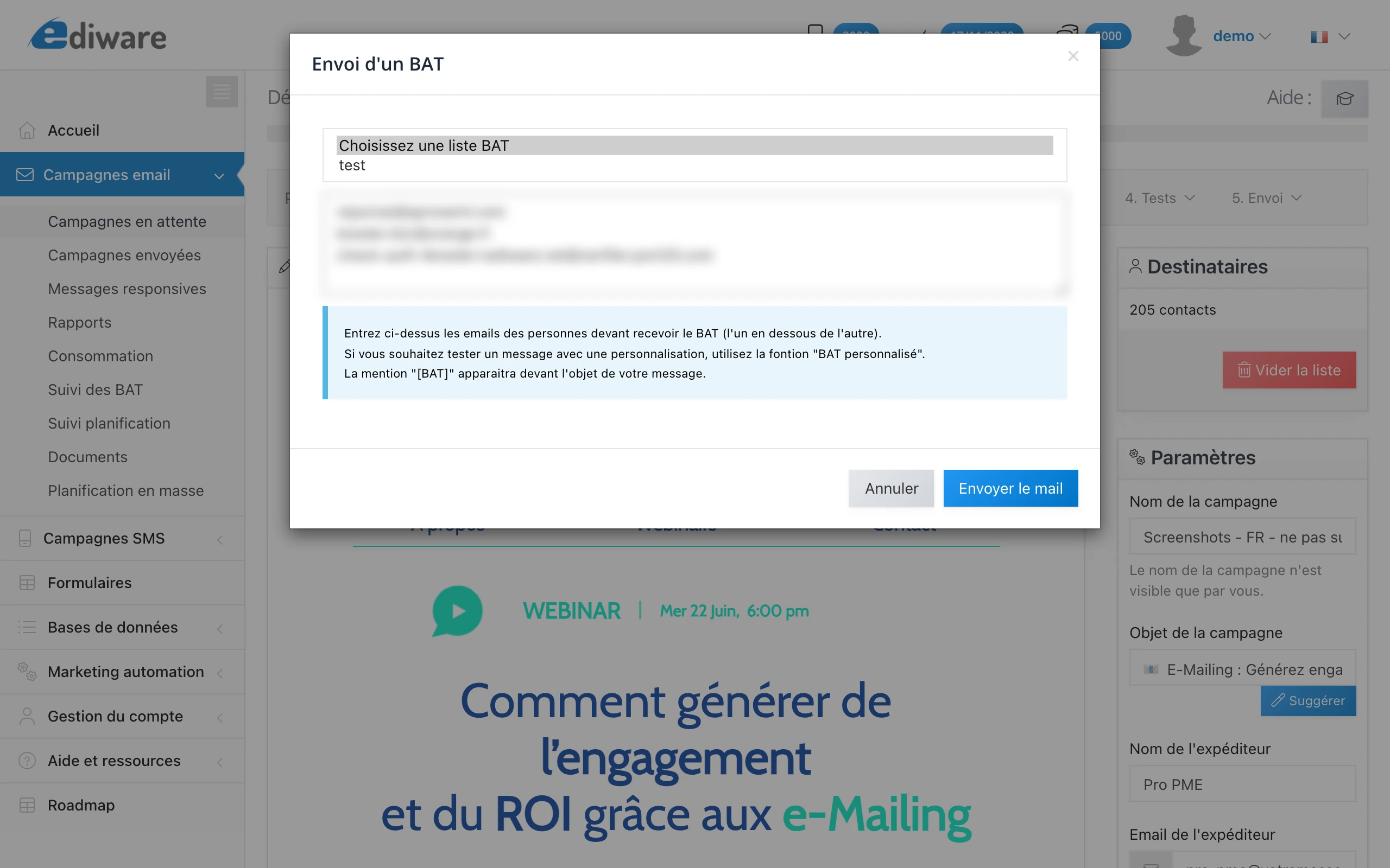 Modale Envoi d'un BAT avec le menu déroulant 'Choisissez une liste BAT' ouvert