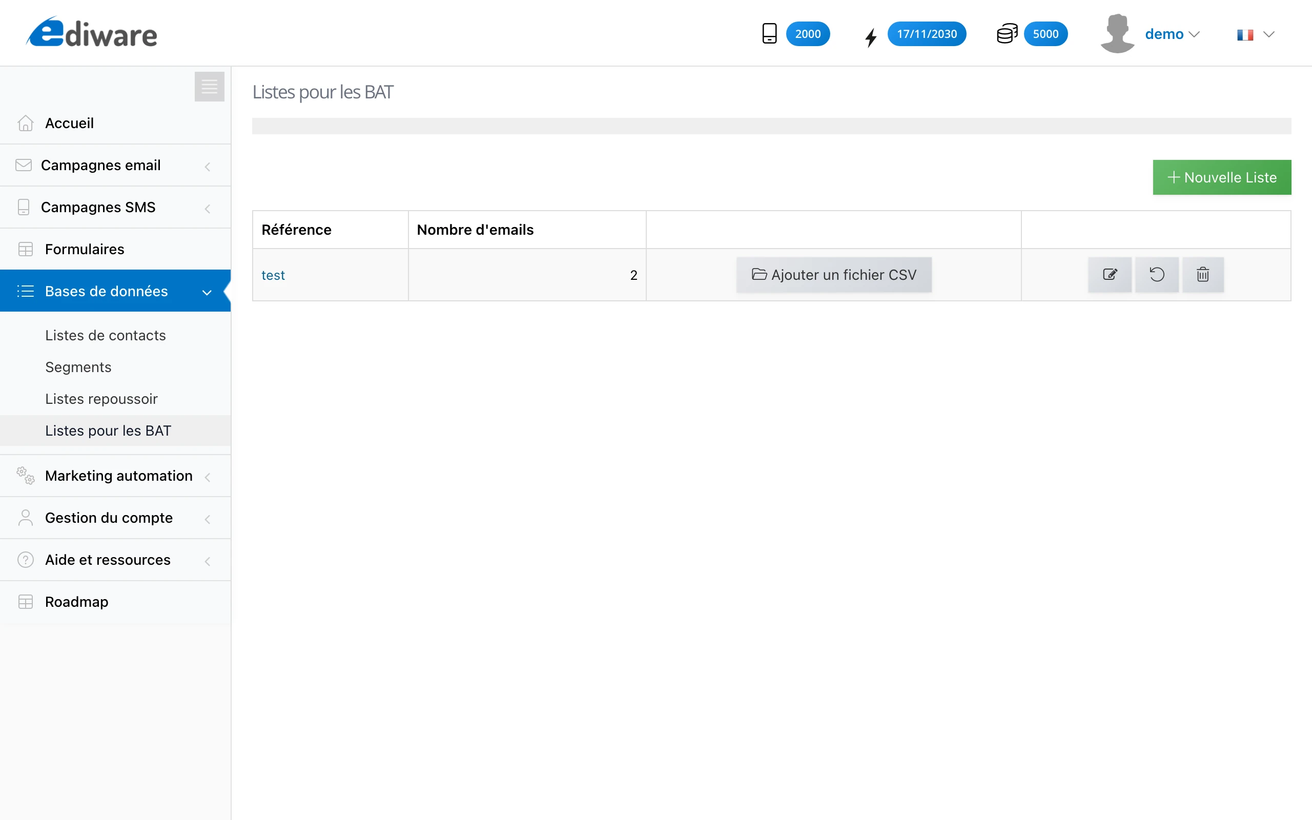 Page de gestion des listes pour les BAT