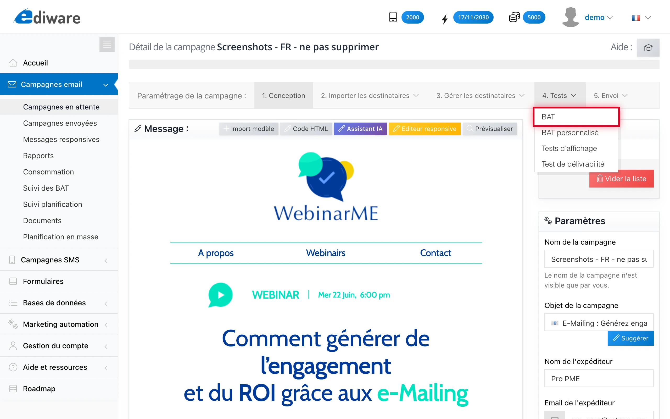 Menu déroulant Tests > BAT depuis la page de la campagne