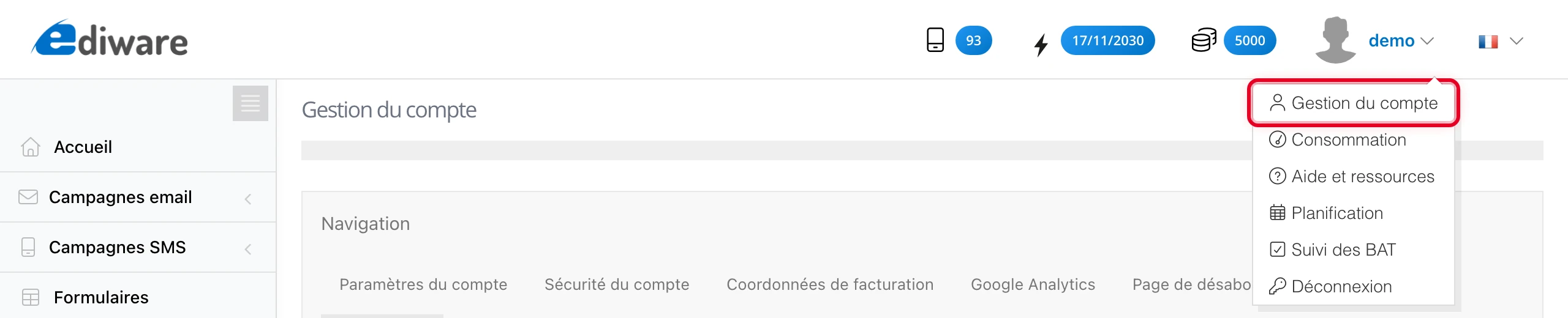 Menu utilisateur en haut à droite : entrée vers la gestion du compte