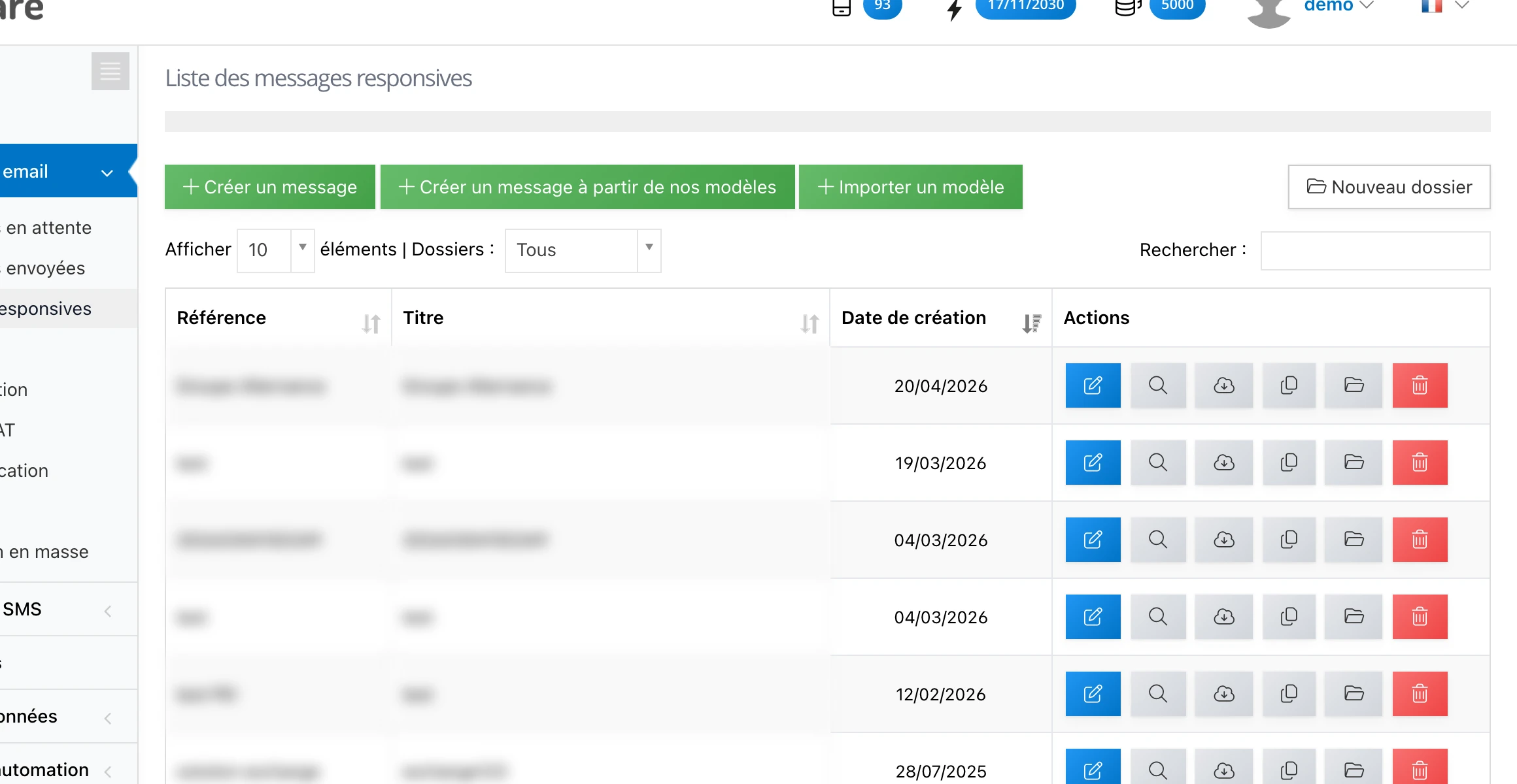 La liste des messages en cours, avec les actions modifier / dupliquer / archiver / supprimer à droite de chaque ligne