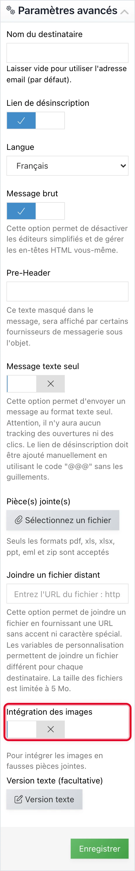 Toggle « Intégration des images » dans les paramètres avancés de la campagne