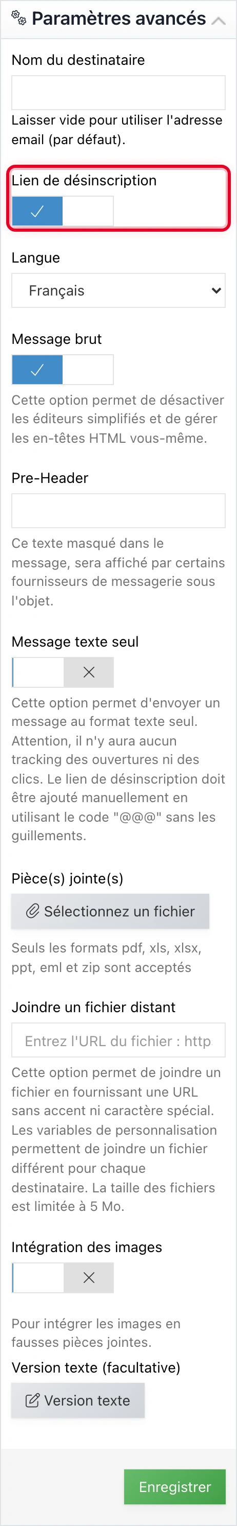 Toggle « Lien de désinscription » dans les paramètres avancés de la campagne