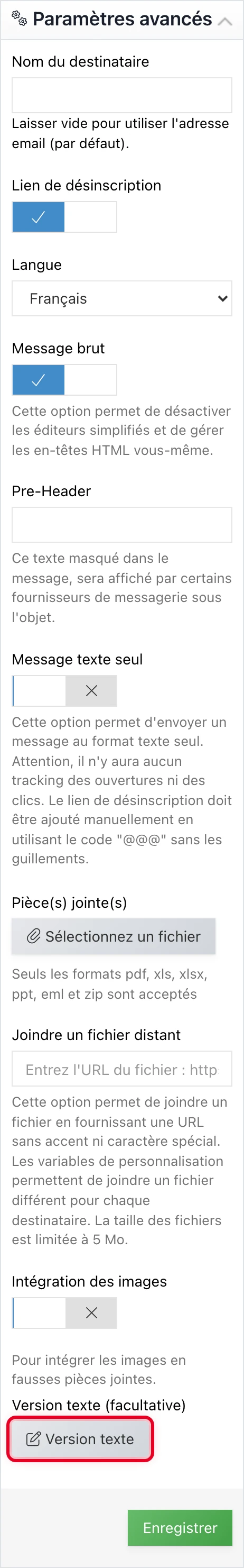 Bouton « Version texte » dans les paramètres avancés de la campagne