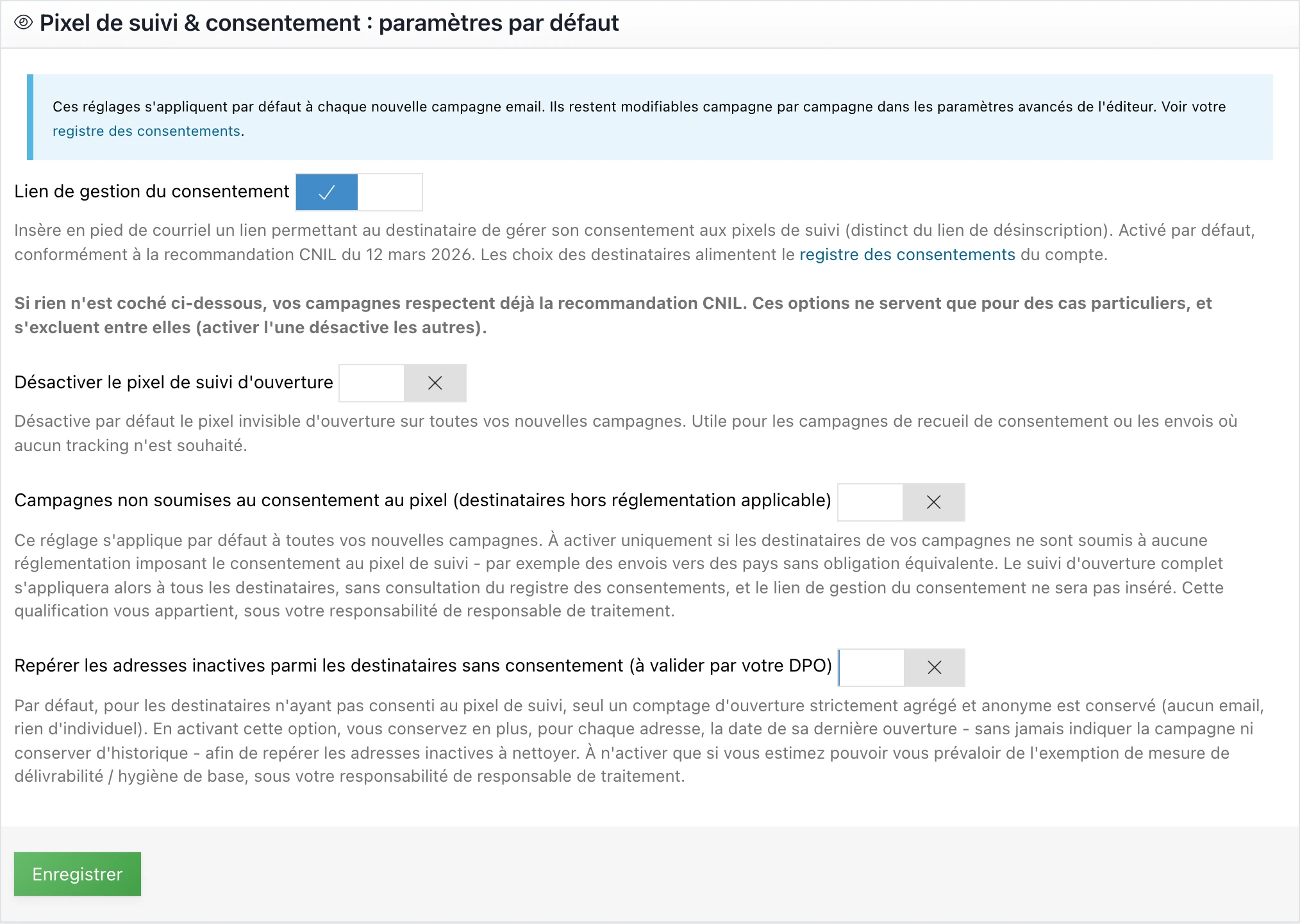 Portlet « Pixel de suivi & consentement : paramètres par défaut », dans Gestion du compte > Paramètres