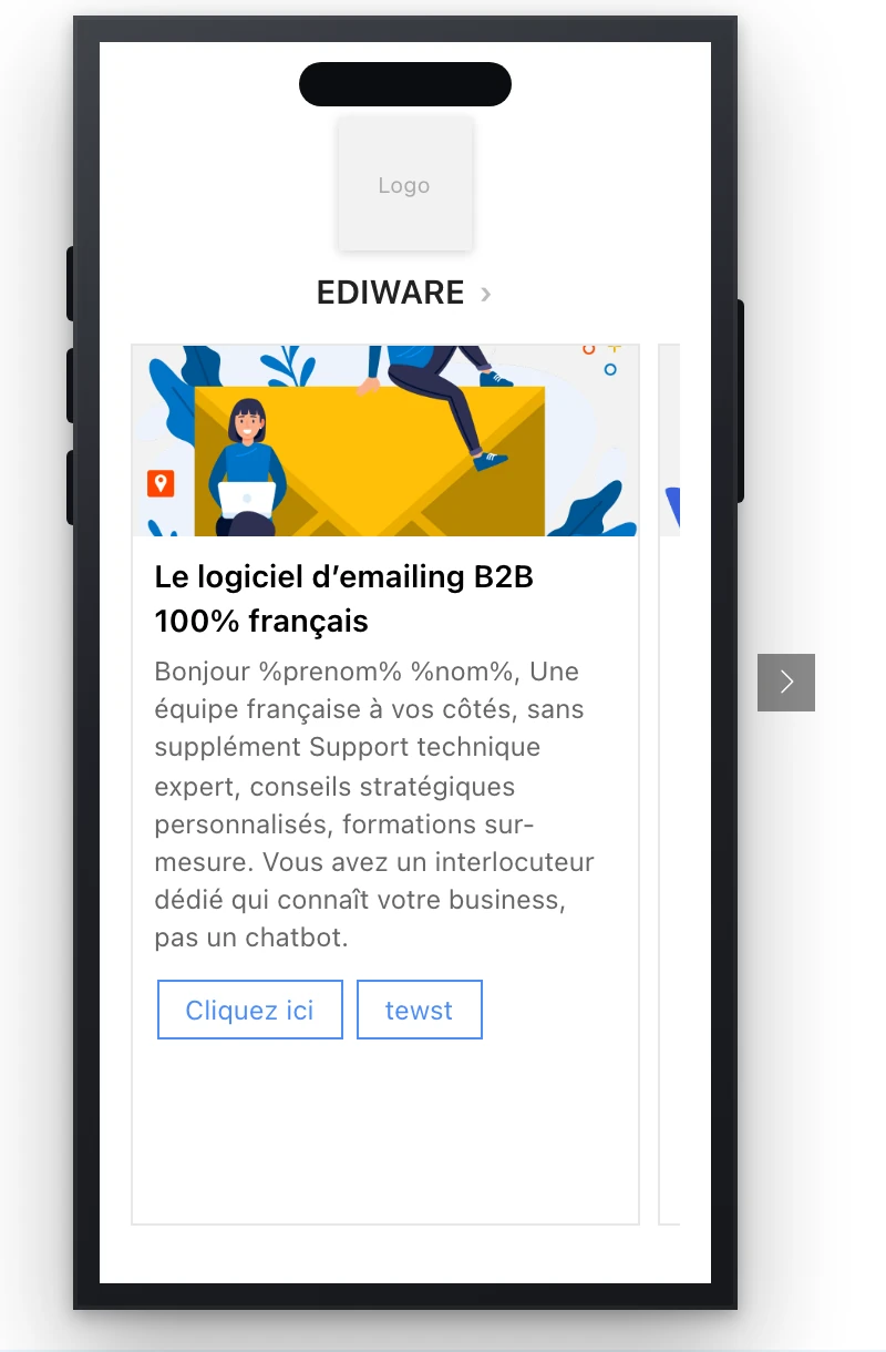 L'aperçu téléphone d'un carrousel sur la page Conception, avec la flèche de défilement