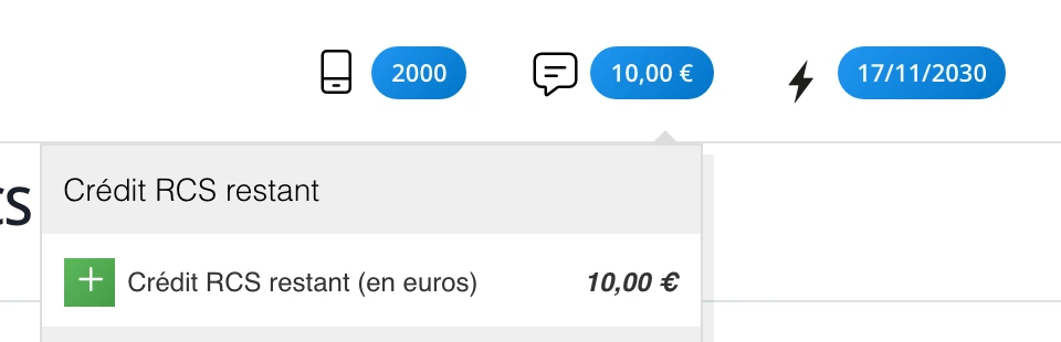 La bulle « Crédit RCS » dans le bandeau haut de l'interface