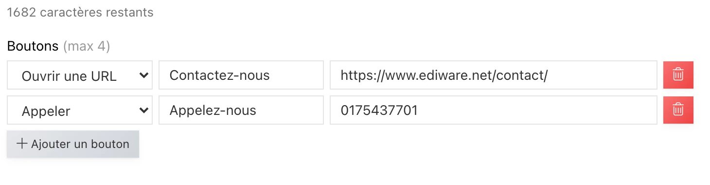 L'éditeur de boutons : type (réponse rapide, URL, appel), libellé et cible