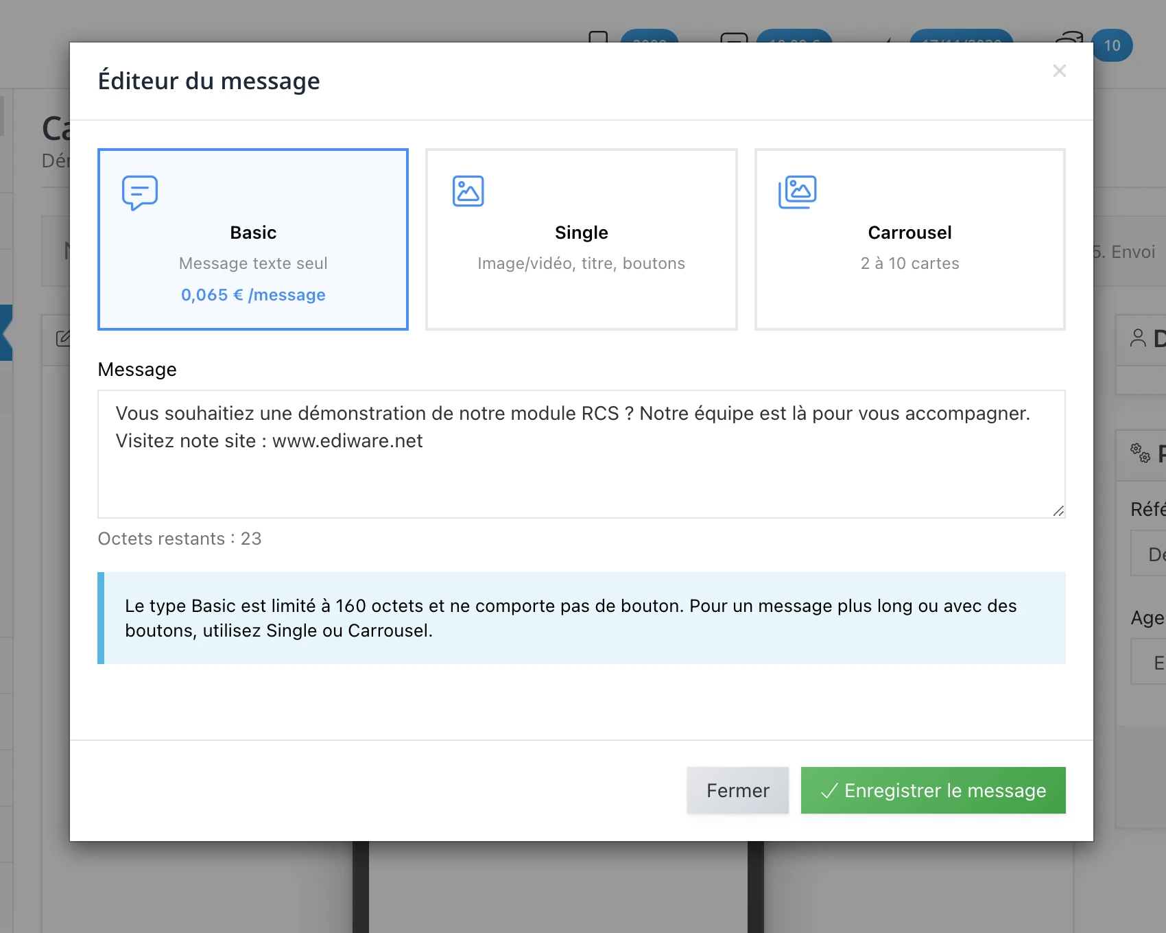 L'éditeur en type Basic (« Message texte seul »), avec le compteur « Octets restants »