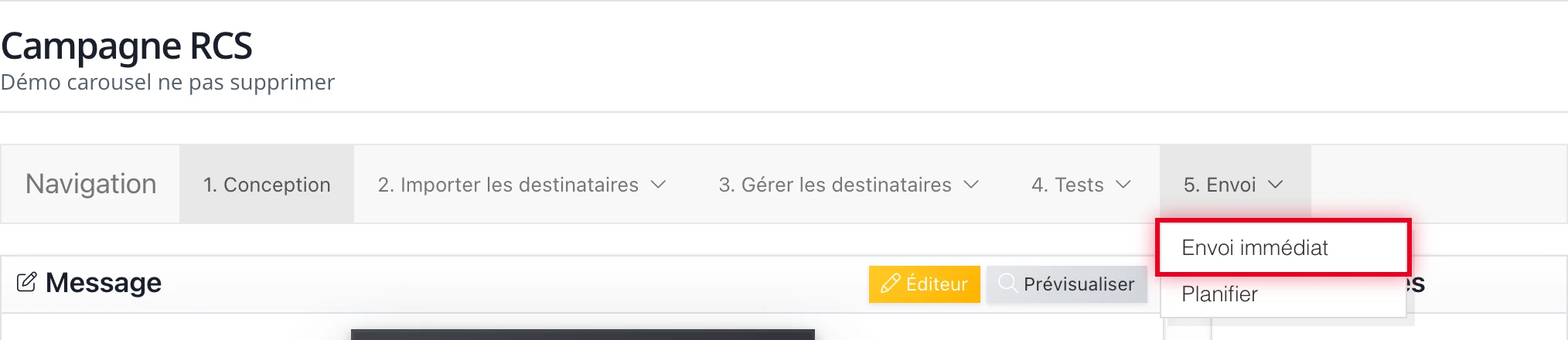 Le menu « 5. Envoi » : Envoi immédiat ou Planifier