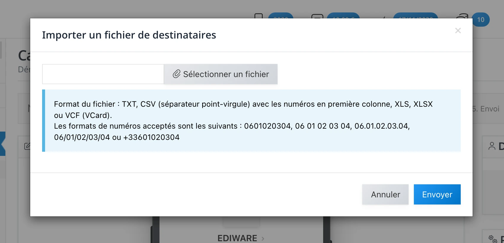 La modale « Importer un fichier de destinataires » : formats acceptés et numéros en première colonne