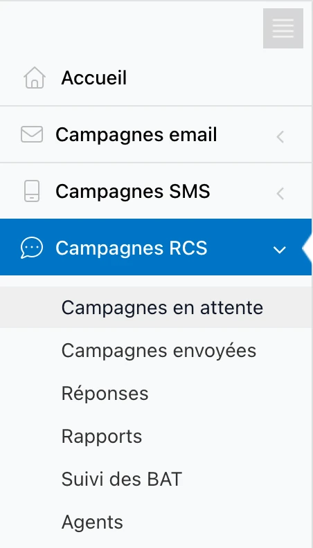 Le menu « Campagnes RCS » et ses sous-menus dans le menu latéral
