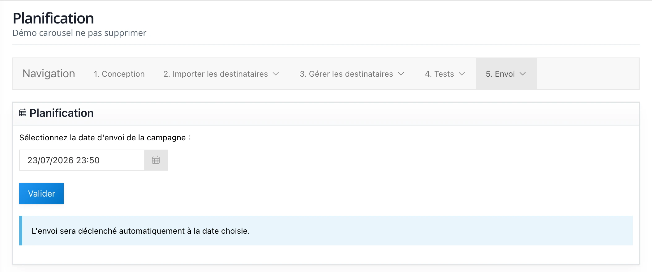 La page « Planification » : choix de la date et de l'heure d'envoi