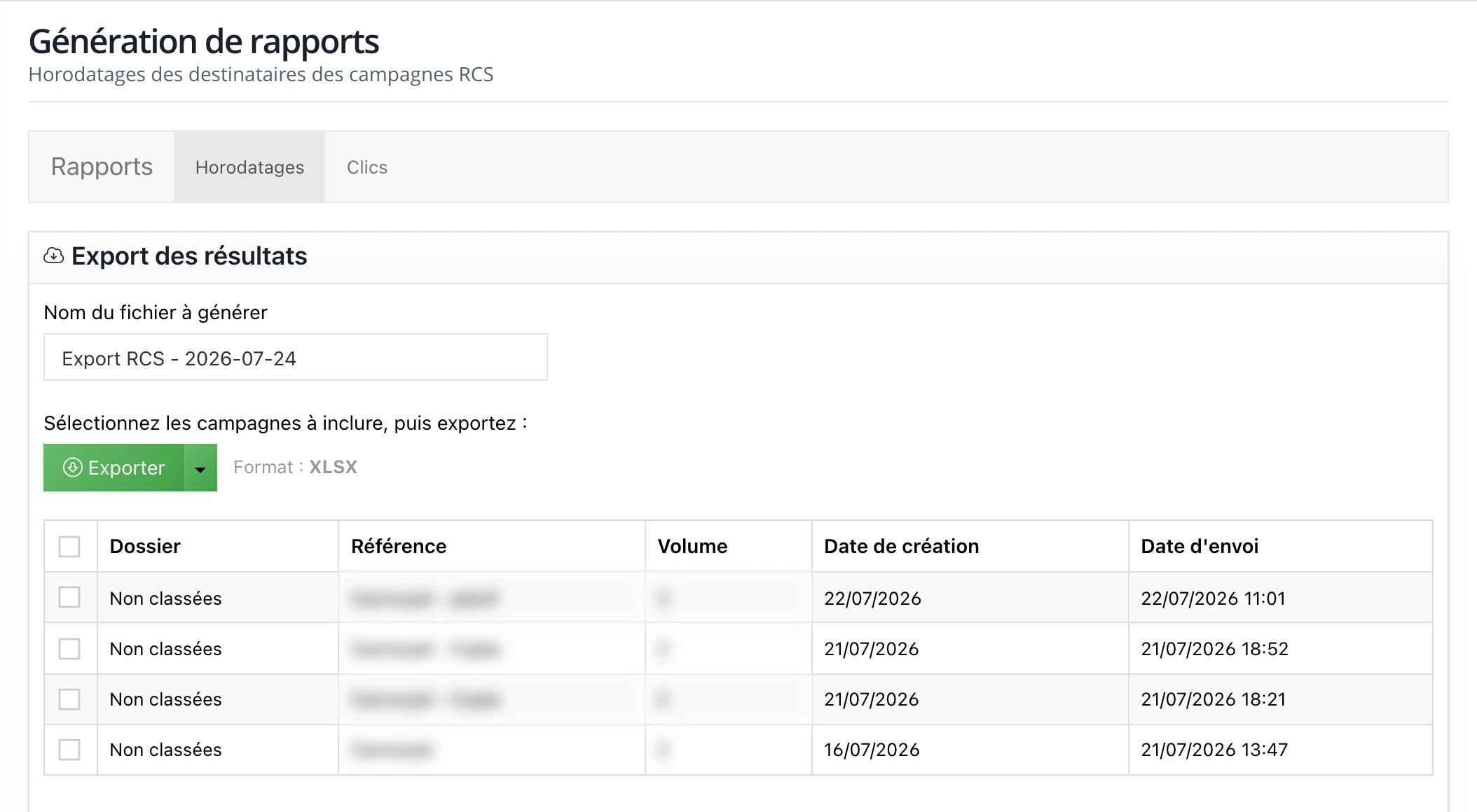 La page « Rapports » : les exports Horodatages et Clics de toutes les campagnes envoyées