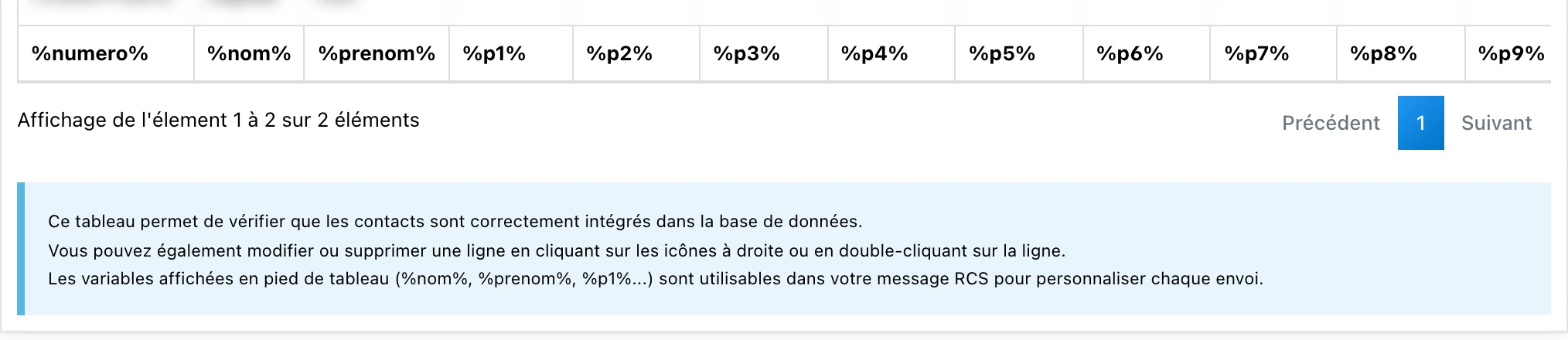 Les variables de personnalisation rappelées en pied du tableau « Visualiser »