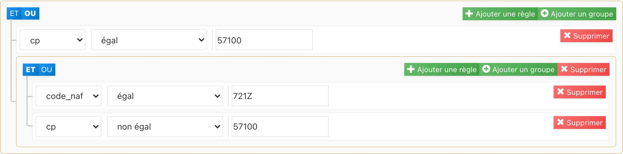 Exemple de segment combinant un critère simple et un groupe imbriqué