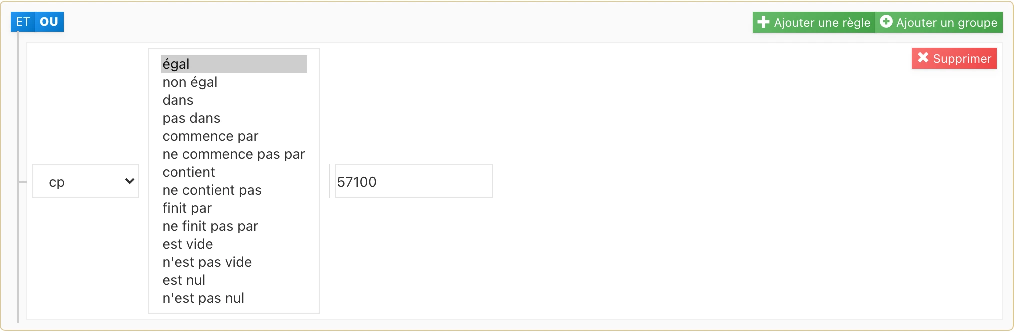 Liste des opérateurs disponibles pour un critère