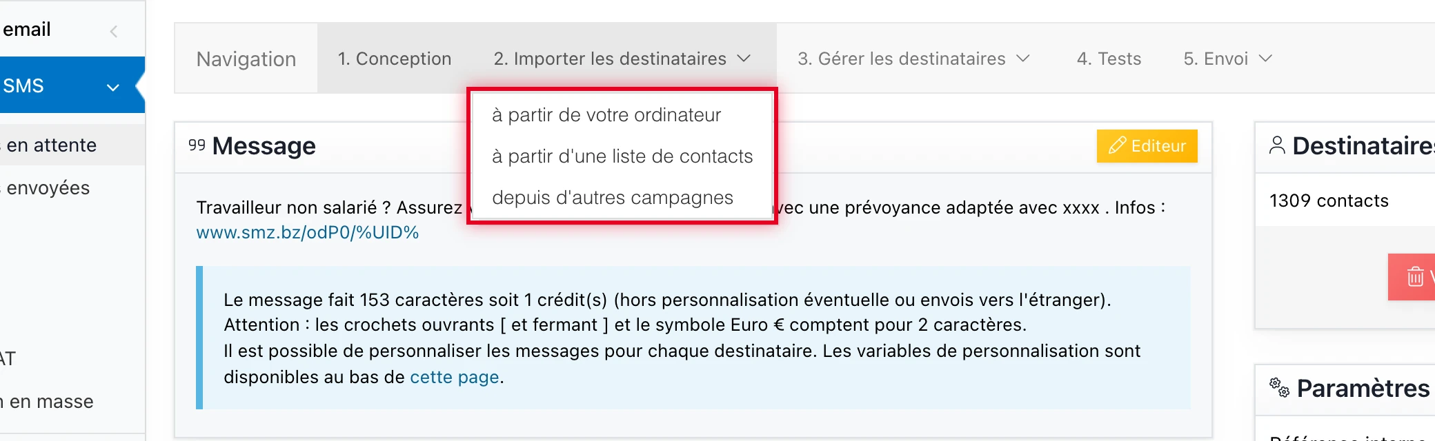 Menu « 2. Importer les destinataires » ouvert : 3 sources possibles (votre ordinateur, liste de contacts hébergée, autres campagnes)
