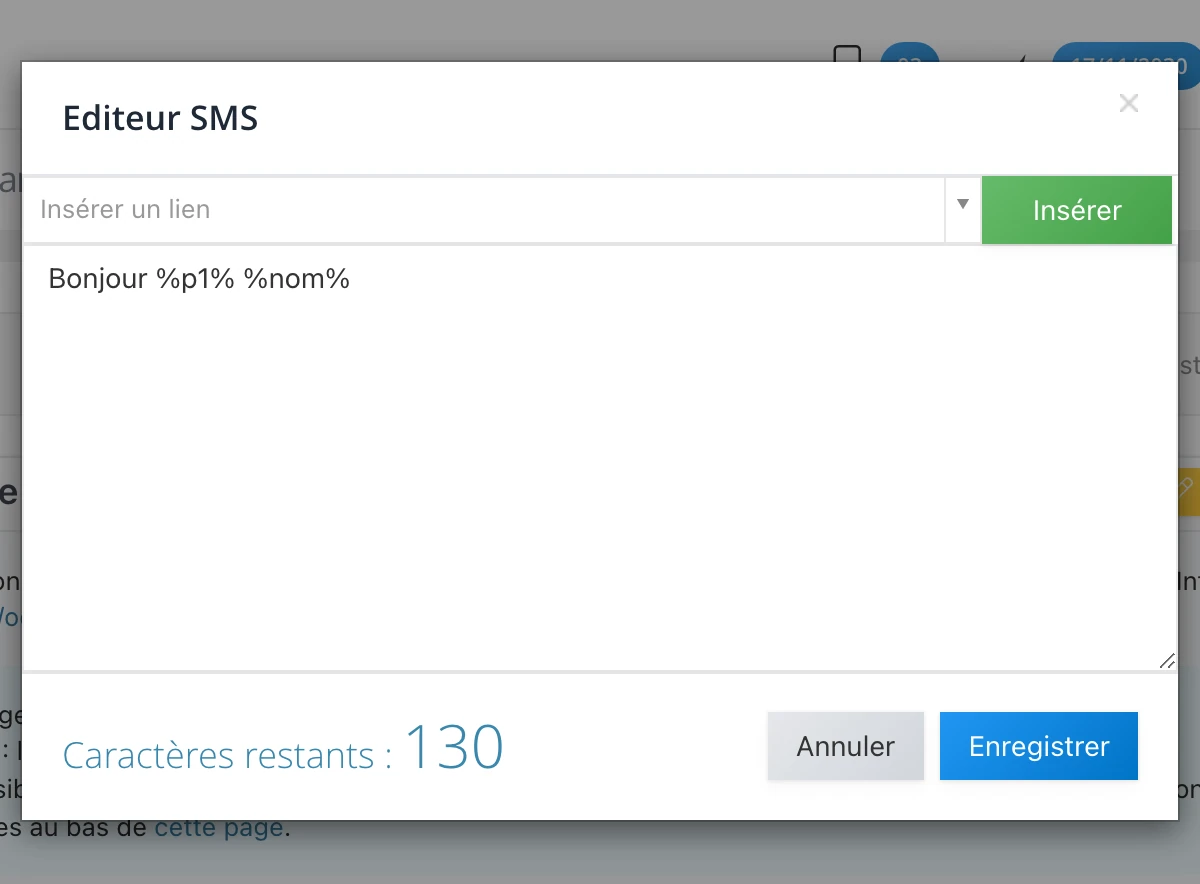 Variables %p1% et %nom% insérées dans le message via l'éditeur SMS