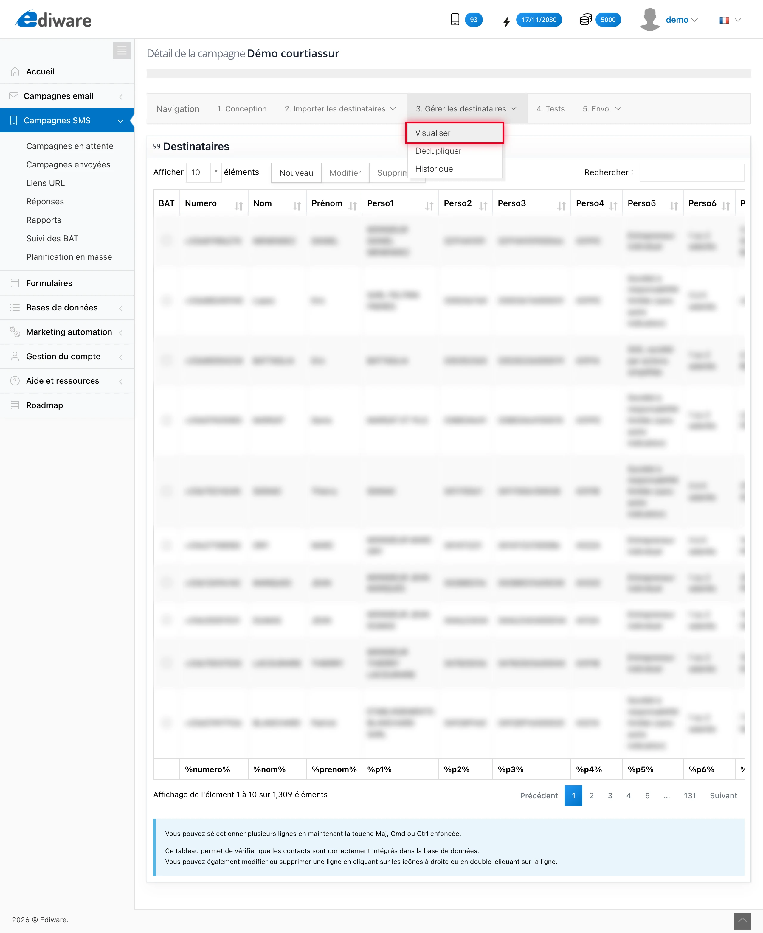 Menu « 3. Gérer les destinataires » déroulé sur l'option « Visualiser » avec les codes de personnalisation %numero%, %nom%, %p1%... en bas du tableau
