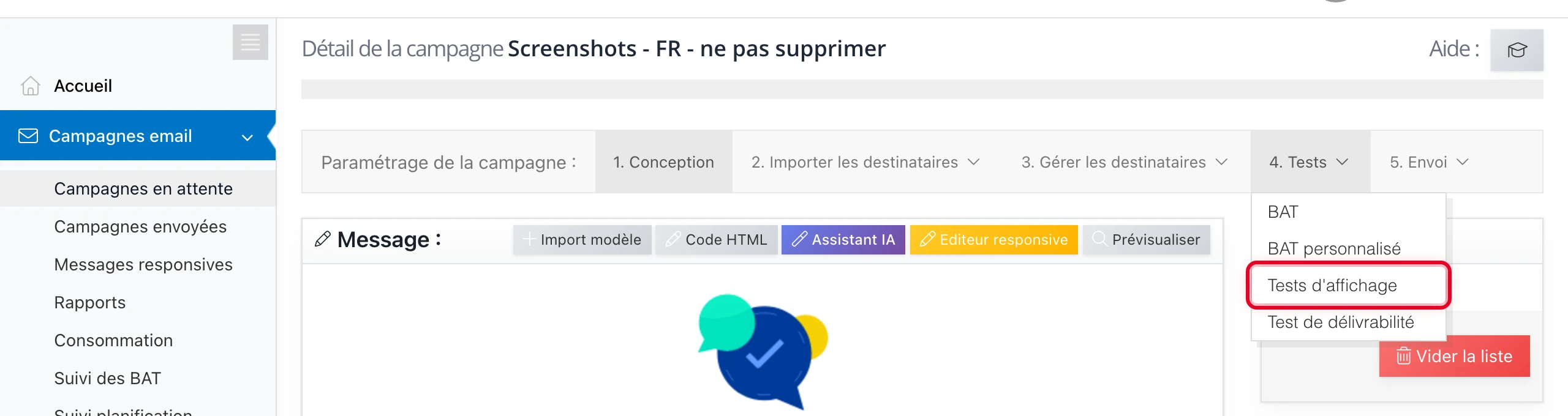 Menu « Tests » > « Tests d'affichage » pour vérifier le rendu dans les messageries